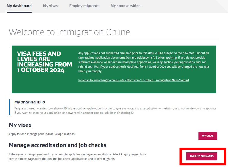 The Immigration Online dashboard. The "Employ Migrants" button underneath the "Manage accreditations and Job Checks" heading is highlighted.