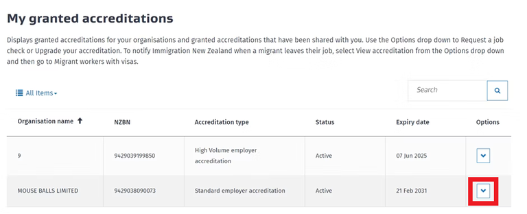 The "My granted accreditations" section. The arrow in the "options" column of the table is highlighted.