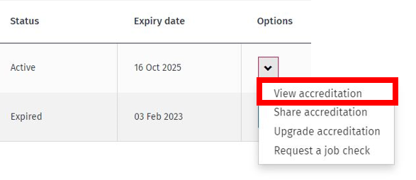 The "View accreditation" option from the drop-down menu is highlighted