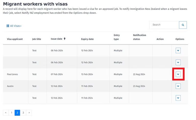 The arrow in the "options" column is highlighted, within the "Migrant workers with visas" section.