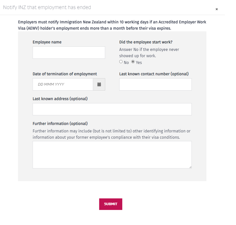 The "Notify INZ that employment has ended" form is displayed.