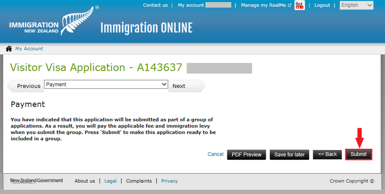 Immigration Online application image - On the payment screen, press the 'submit' button