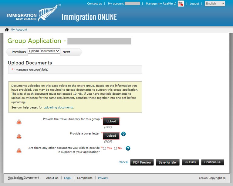 Immigration Online application screen image - upload documents relevant to the group as a whole.