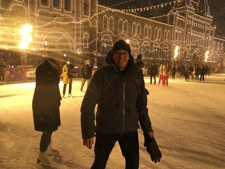 Paul in Red Square, Moscow doing some ice skating.